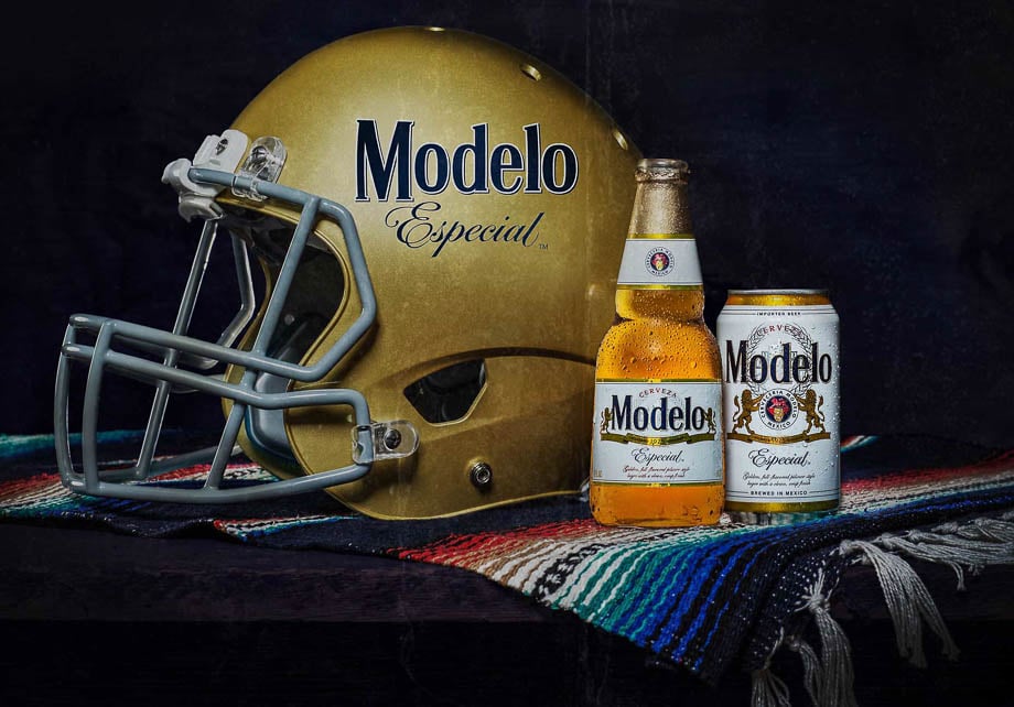 Photo of a custom Modelo Helmet, and Especial beer bottle and can taken by Chicago-based product photographer Anthony Tahlier. 