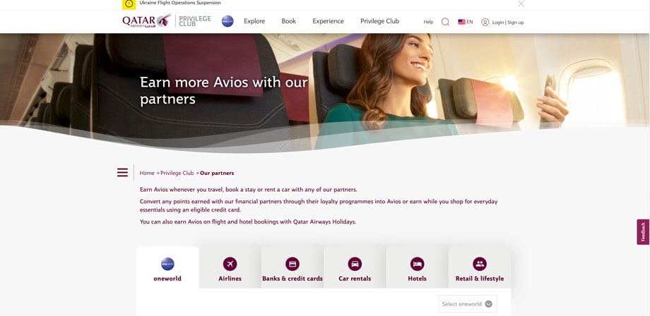 Screenshot from Qatar Airways website.