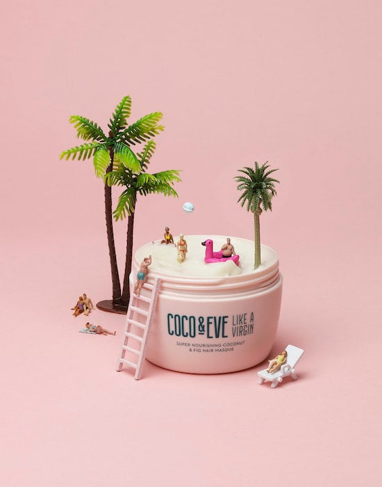 Still life of hair masque staged as a tropical swimming pool, by London product photographer Benoît Audureau.