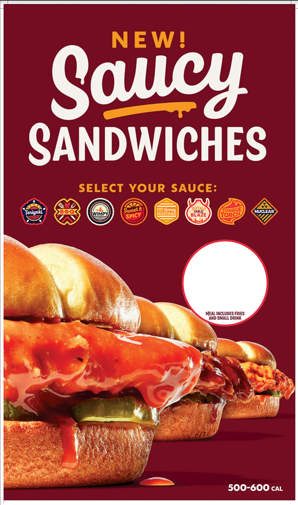 Tear sheet showing Zaxby's saucy sandwiches with photos taken by Lee Runion and Jennifer Bostic of Black Horse Productions. 