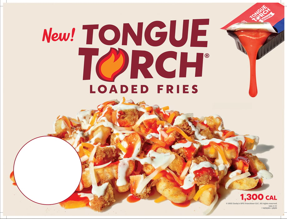 Zaxby's tear sheet showing a photo of tongue torch loaded fries taken by Lee Runion and Jennifer Bostic of Black Horse productions. 