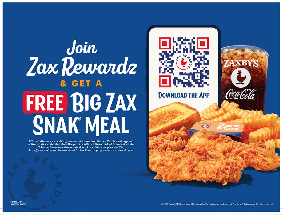 Zaxby's tear sheet displaying a smartphone and their Big Zax Snak Meal. 