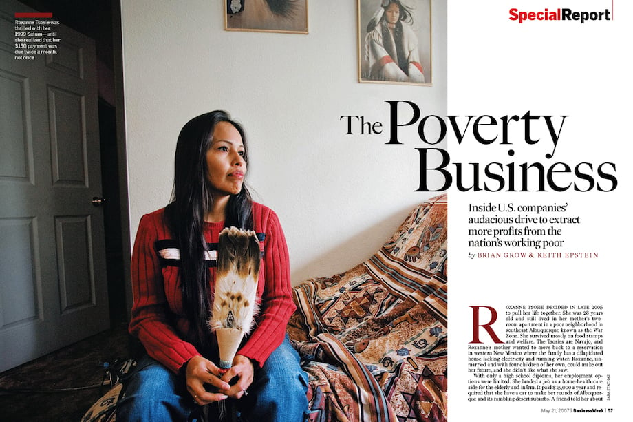 Tearsheet featuring an image of a woman on a bed wearing a red sweater. Photographed by social documentary photographer Sara Stathas for Businessweek.
