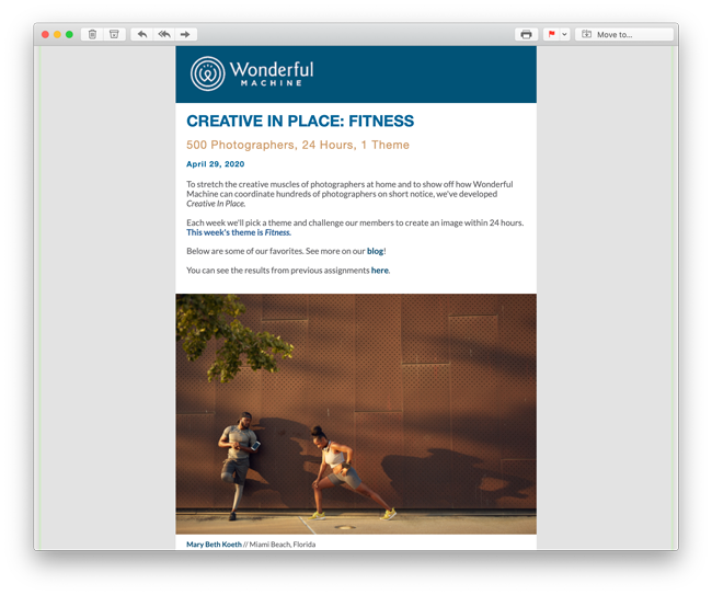 Screenshot of Wonderful Machine April emailer in Creative In Place series, theme Fitness
