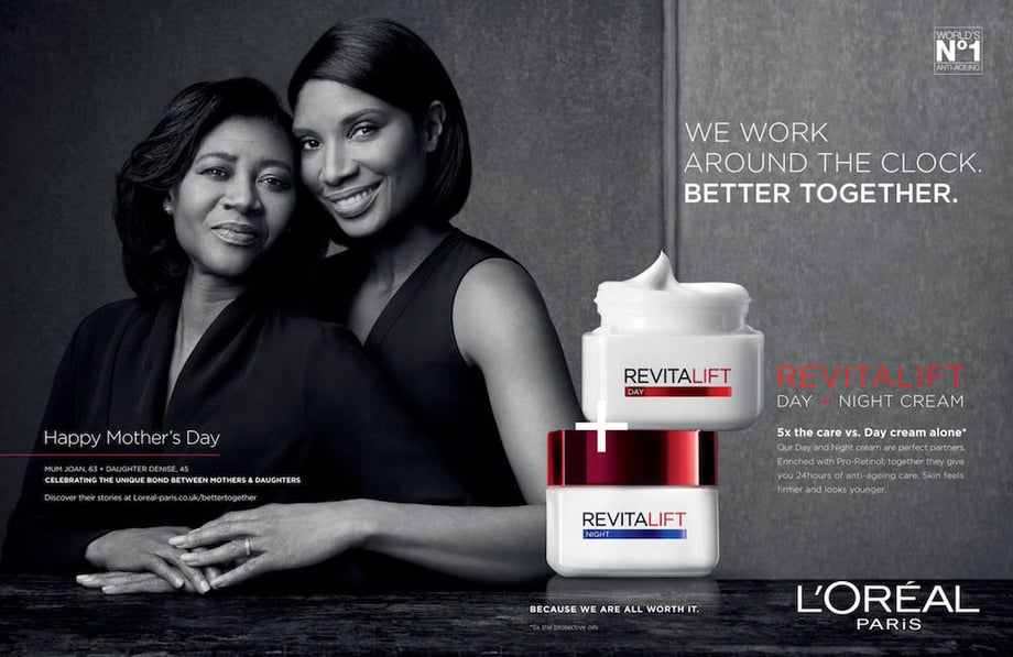 L'Oreal commercial for Mother's Day featuring celebrity mom and daughter with retouching done by House of Retouching. 