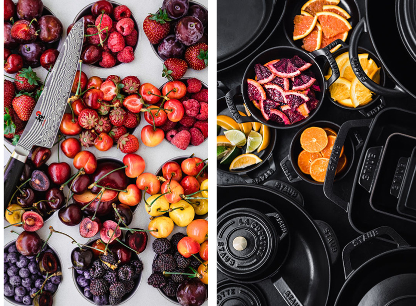 a Miyabi knife placed over an array of red, yellow, and purple fruits, placed within a muffin tin; Colorful citrus placed within and around staub cast iron products, shot by Daniela Gerson