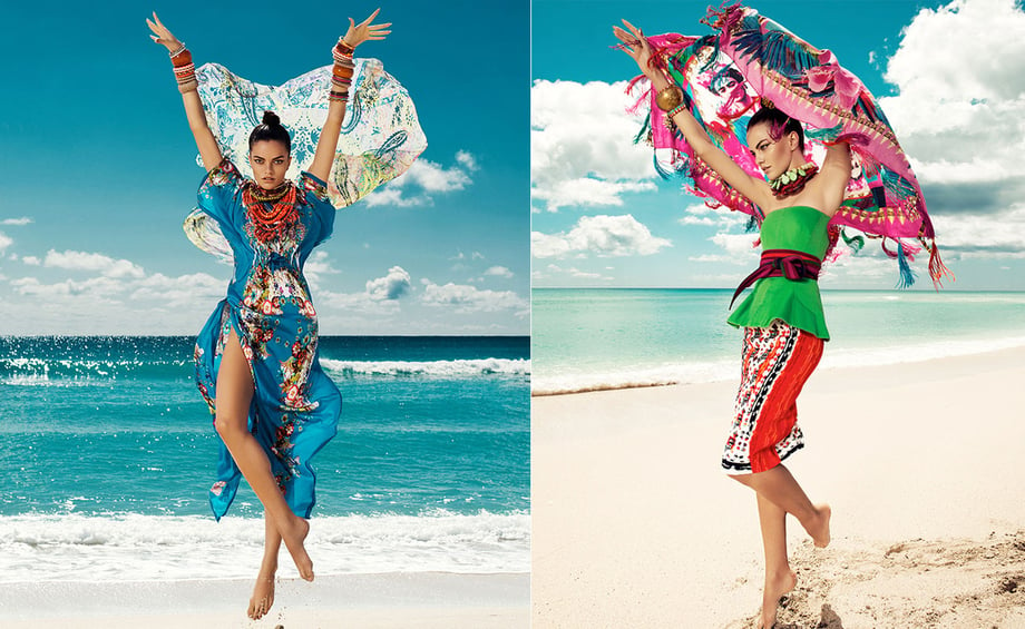 Two side-by-side images by Danny Cardozo of a woman in vividly colored outfits in front of the ocean.
