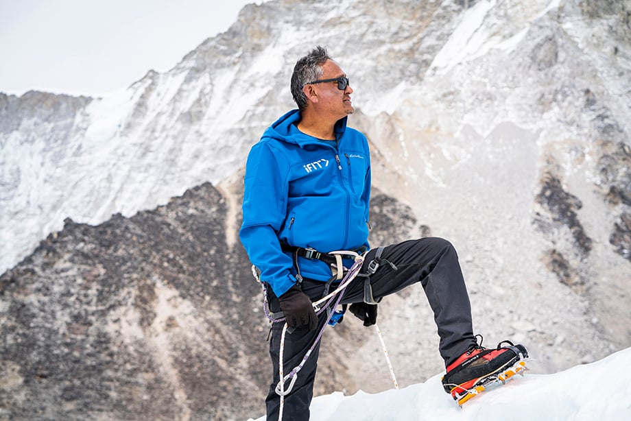 Photo of iFit trainer on Mount Everest climb shot by David Degner.