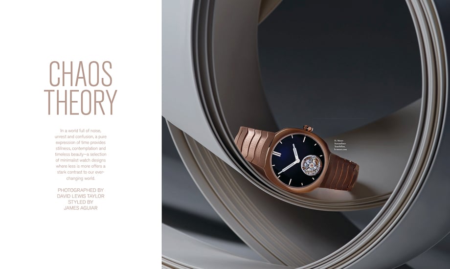 Magazine tearsheet from Modern Luxury's Watches International showing a H Moser & Cie Streamliner Tourbillon photographed by David Lewis Taylor. 