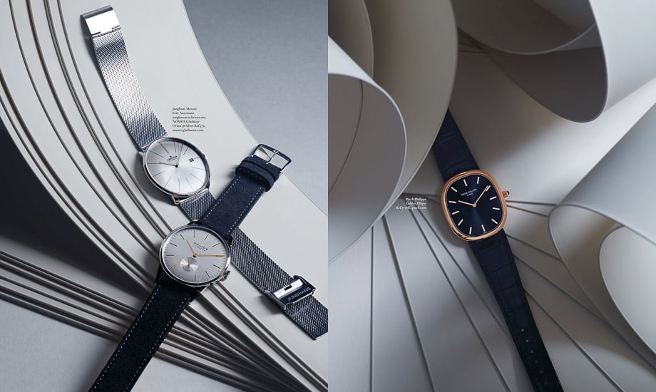 Patek Philippe Golden Ellipse, Junghans Meister Fein Automatic, and NOMOS Glashütte Orion photographed by David Lewis Taylor for Modern Luxury. 