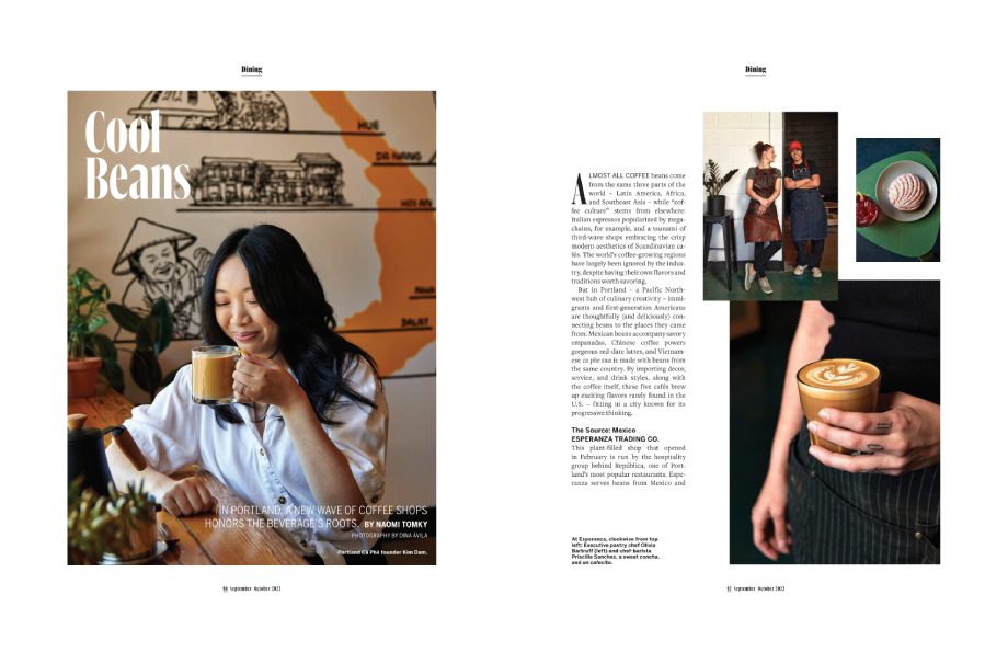 Tearsheets from Virtuoso Magazine's September/October 2022 issue showing a story about Coffee shops. 