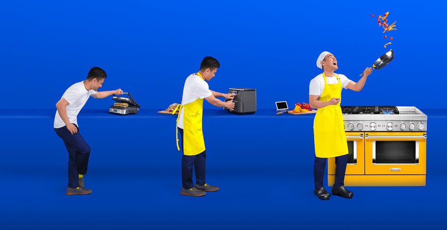 Composite photo of a man using different kitchen appliances taken by Erich Saide for Best Buy Canada. 