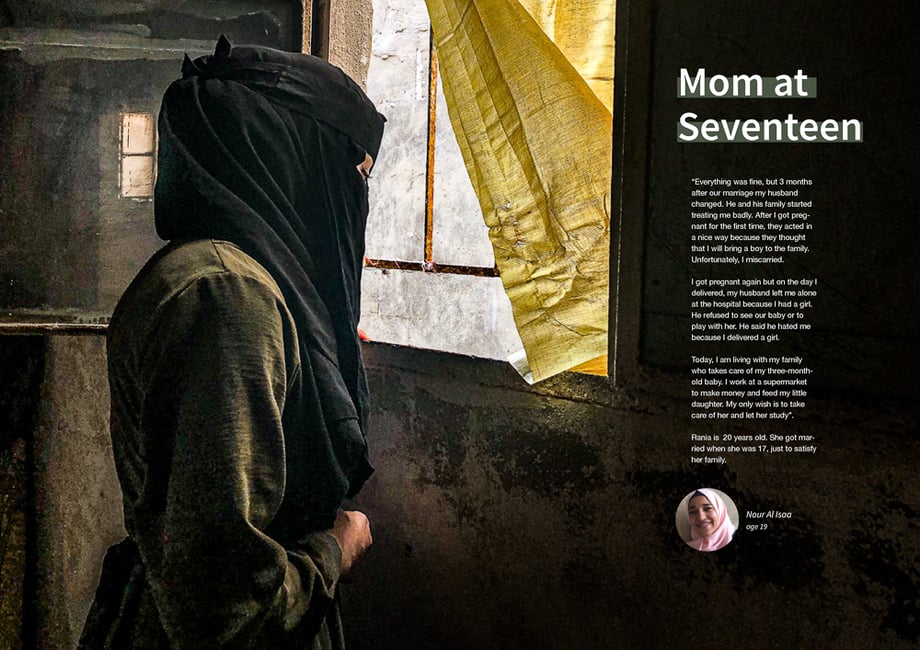 a tearsheet from the Shatila Our Views Magazine published by Ourvoice, about a teenage mother's story. 