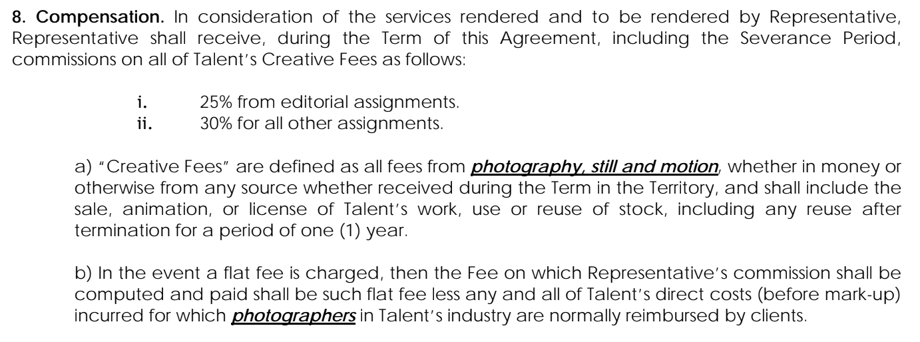A screenshot of a clause taken from a photography agent contract detailing "Compensation" or the agent's cut.