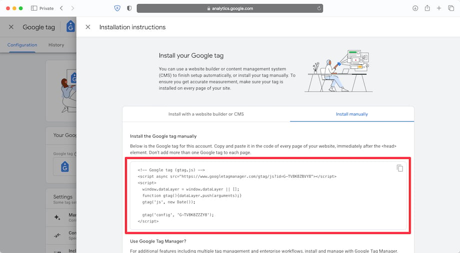 Installation instructions for Google Analytics 4 by using Google Tag code.