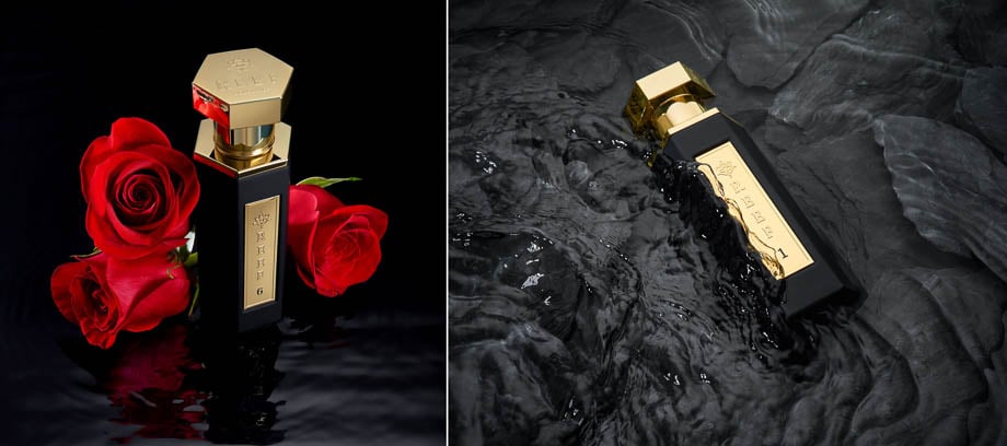 Photos of a perfume bottle next to a rose and submerged in water taken by Miami-based product photographer Frank Castillo. 