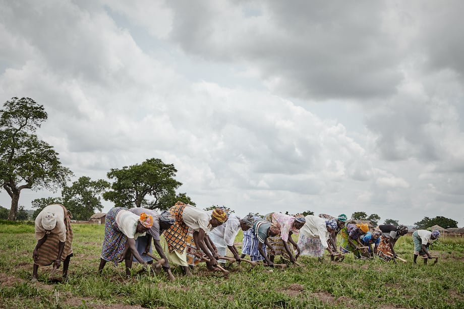 A moody image by social documentary photographer George Qua-Enoo showing a line of women tilling the soil with handheld picks on a cloudy day.