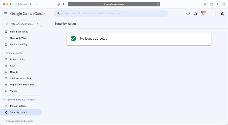 Security issues screen in Google Search Console dashboard for Wonderful Machine website