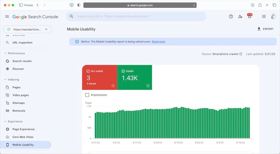 Mobile Usability screen in Google Search Console dashboard for Wonderful Machine website