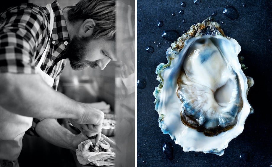 Diptych of blue oyster and figure shucking oyster, by Atlanta food photographer Greg Dupree. 