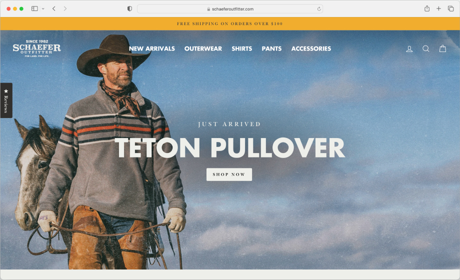 Schaefer Outfitter website homepage screenshot showing a photo of a cowboy wearing a Teton Pullover taken by Hillary Maybery. 