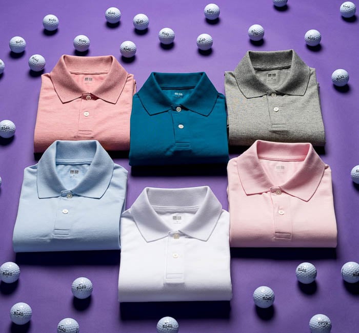 Photo of various golf t-shirts resting on a purple surface with golf balls around taken by Philadelphia-based product photographer Ivan Guzman. 