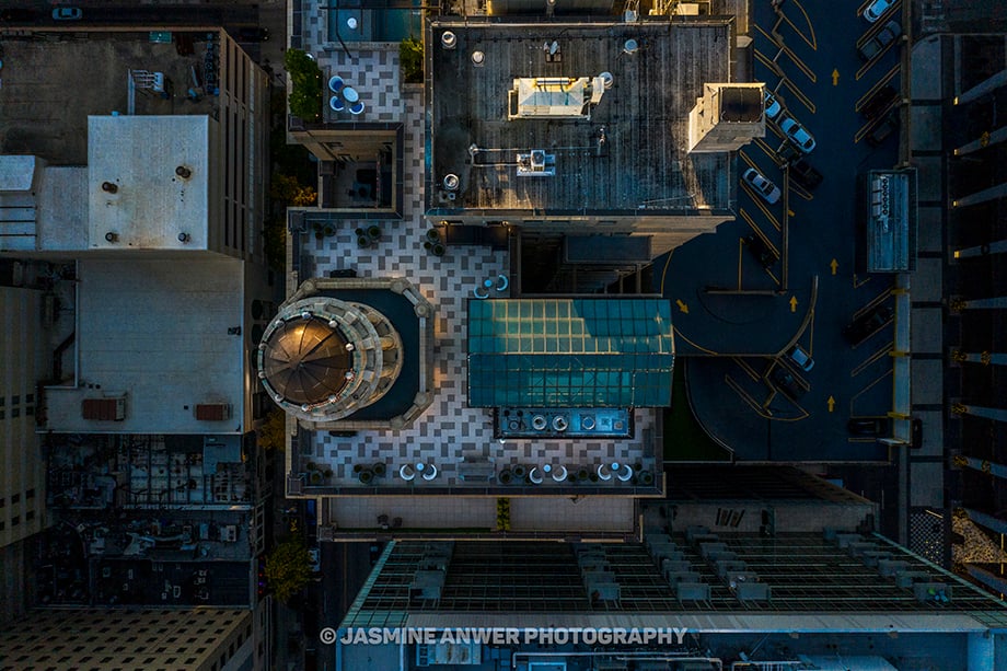 Aerial view of the rooftop conservatory at The Drakestone apartment community located in downtown Dallas shot by Jasmine Anwer.