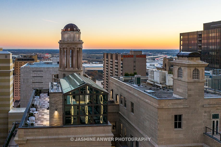Aerial view of The Drakestone rooftop conservatory shot by Jasmine Anwer.