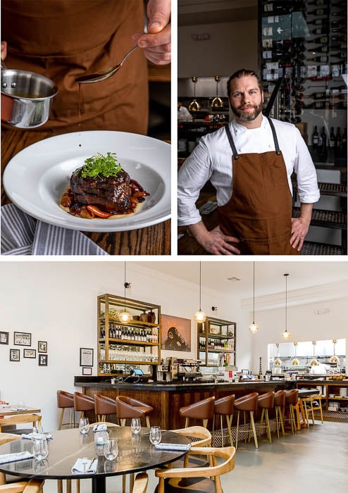 Photos of a restaurant, a male chef, and him preparing a steak dish taken by Los Angeles-based food photographer Jayme Burrows.