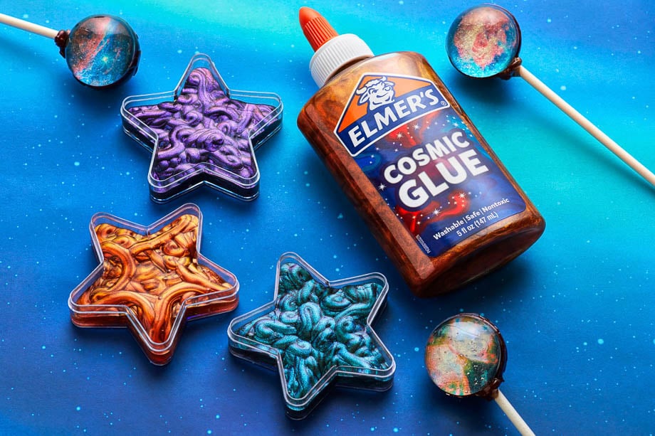 Photo of an Elmer's Cosmic Glue bottle and different colors of it taken by Chicago-based product photographer Jennifer Marx. 