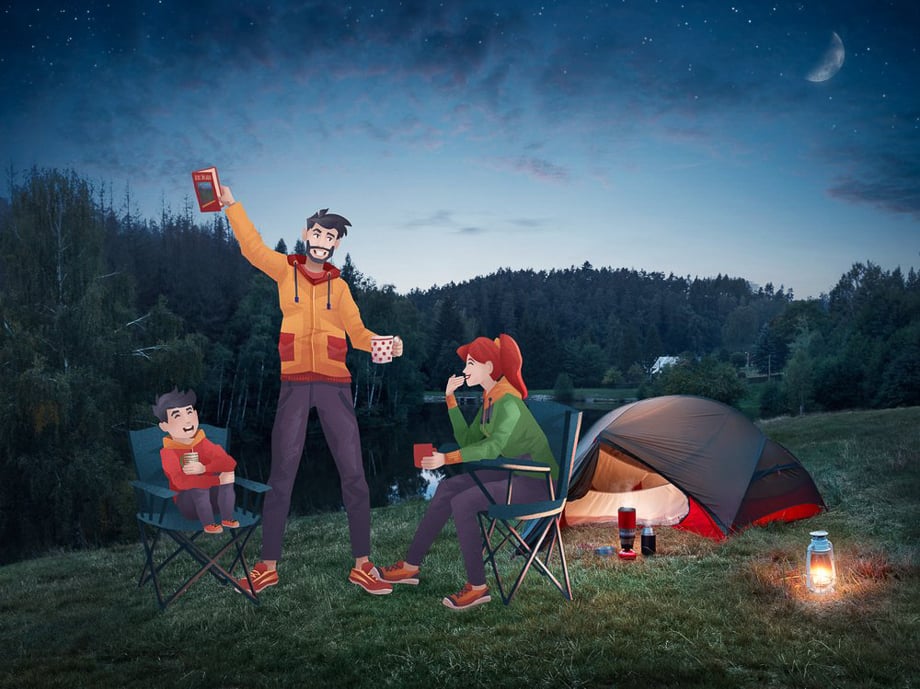 Photo illustration composite of a family camping in Bohemian Switzerland. 