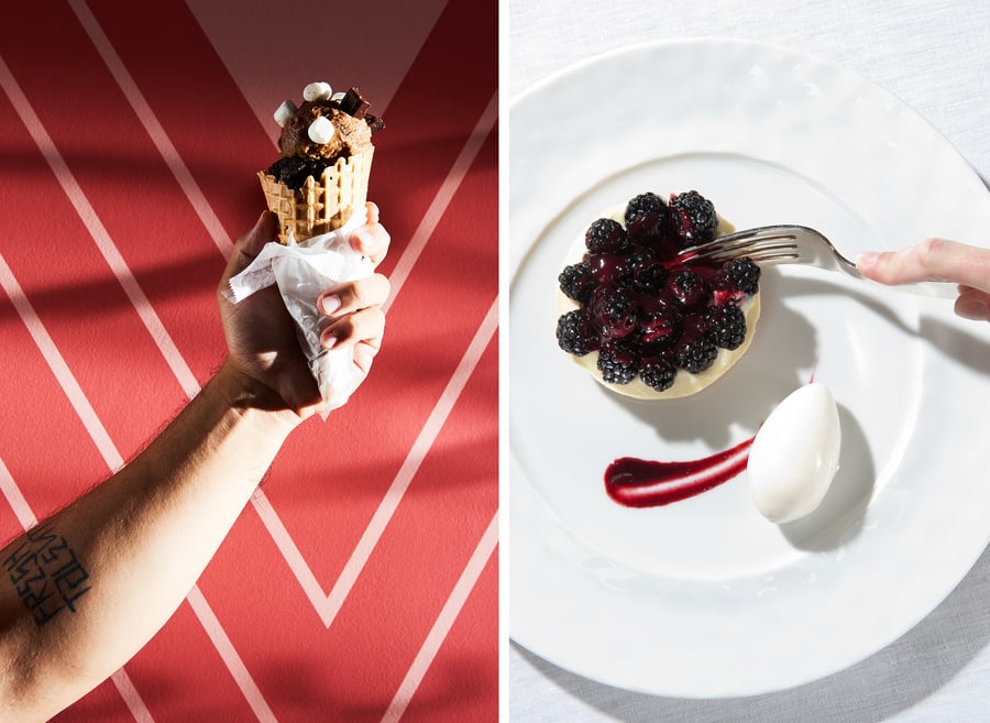 Photos of a man holding an ice cream cone and a knife cutting into a raspberry tart taken by Los Angeles-based food photographer John Cizmas.