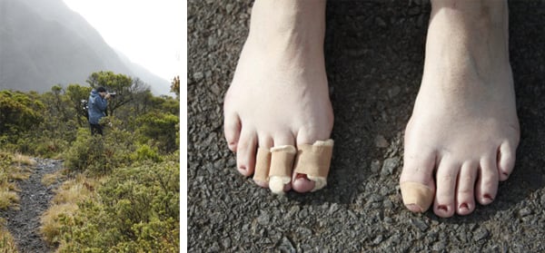 Image of Susan taking photographs (left) and image of band-aid covered toes (right), shot by Jupiter Neilsen