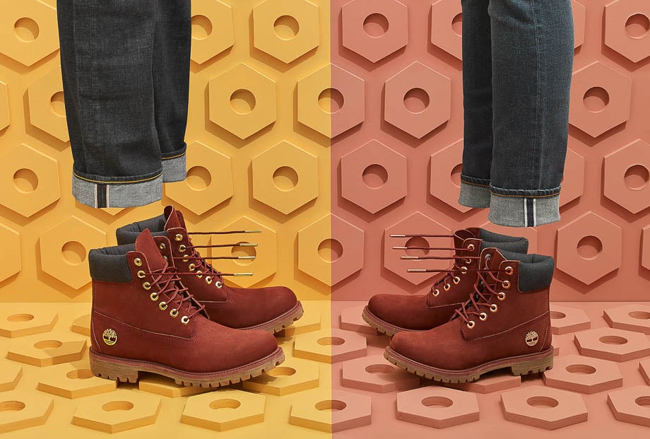 Conceptual photo of two pairs of Timberland shoes and jeans taken by Toronto-based product photographer Justin Poulsen. 