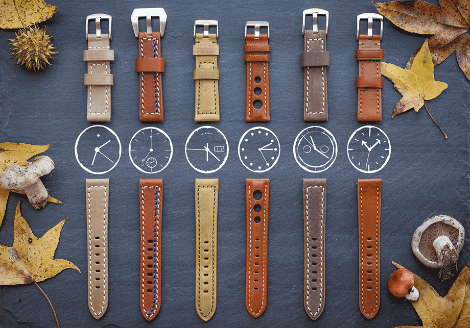 GIF of various leather wristwatch straps with fall colors taken by Boston-based product photographer Kate Benson. 