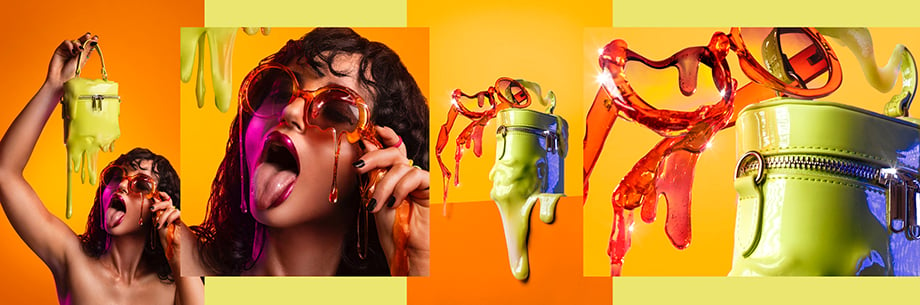 Photo of model holding purse and wearing sunglasses dripping with slime to give melting effect.