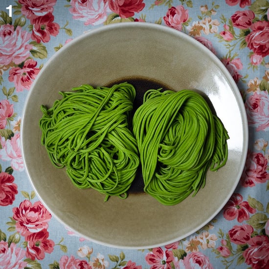 Photo of bright green noddles in bowl, by Singapore food photographer Kevin Wy Lee.