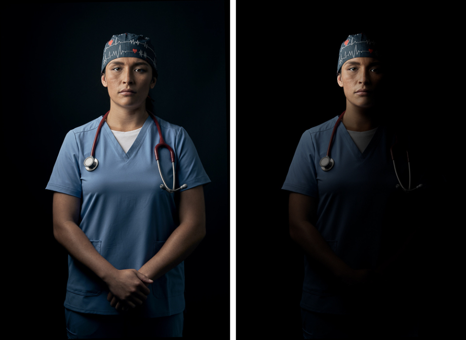 Before and after photo showing the retouching done on a photo of a nurse taken by Kyrani Kanavaros. 