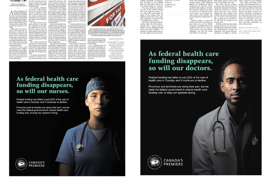 Print tearsheets showing photos of a nurse and doctor in Canada's Premiers healthcare funding campaign. 