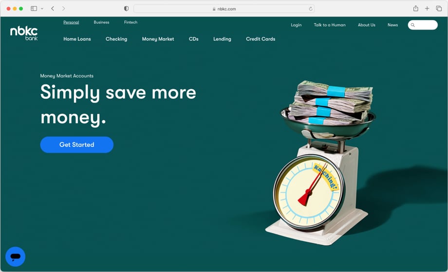 nbkc Bank website screenshot featuring a conceptual photo of money sitting on top of a weighing scale taken by Lauren Pusateri. 
