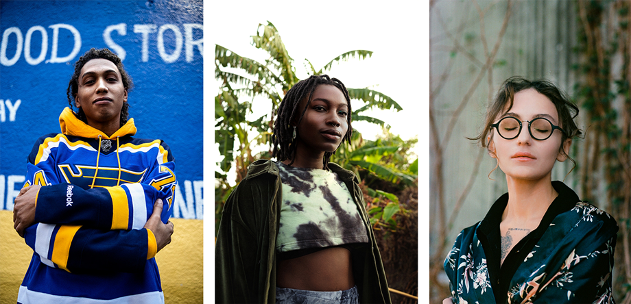 Three portraits of talent in various street-style apparel photographed by New Orleans based Lemar Arecenaux.