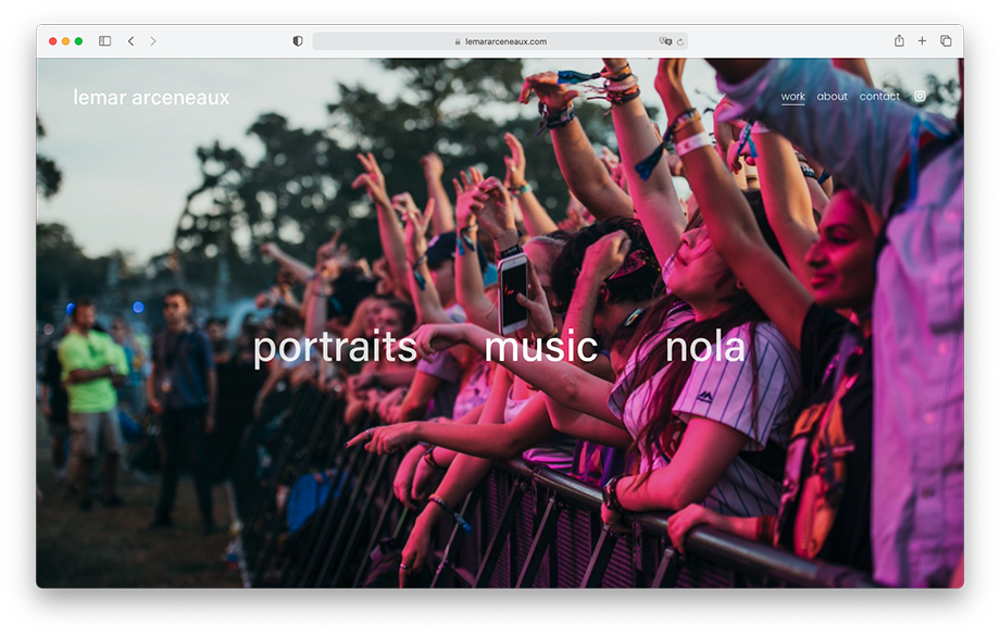 Screenshot of Lemar Arecenaux's website featuring image of front-row concertgoers with their arms in the air.