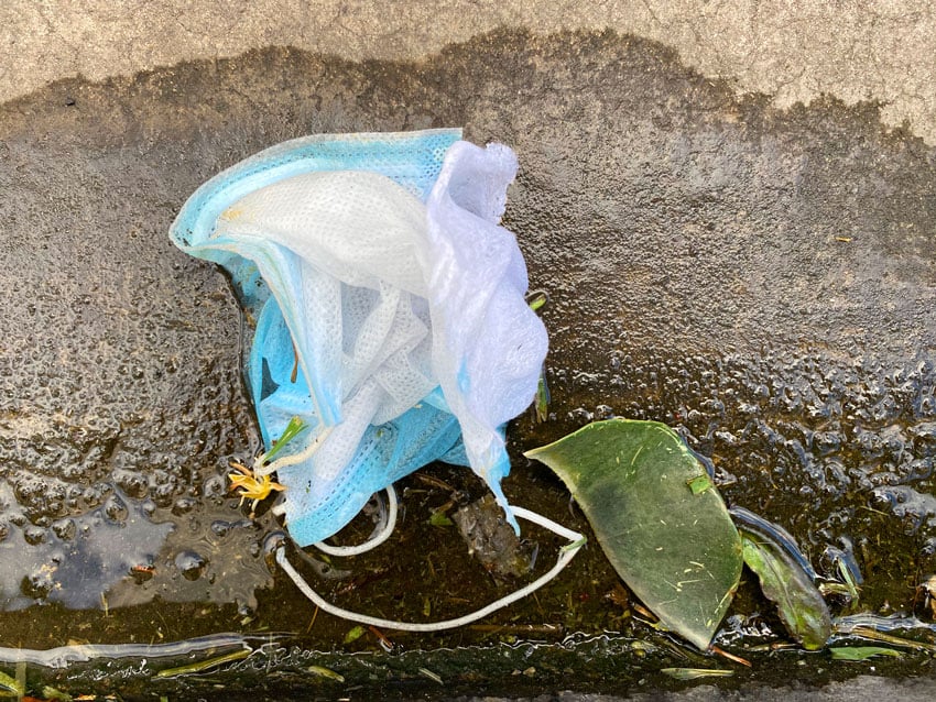 Marco Garcia finds another discarded surgical mask, this one crumpled in a puddle