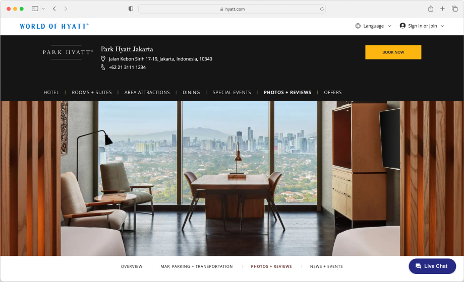 Homepage of Park Hyatt Jakarta showing the Park Twin Room taken by Indonesia-based photographer Martin Westlake. 