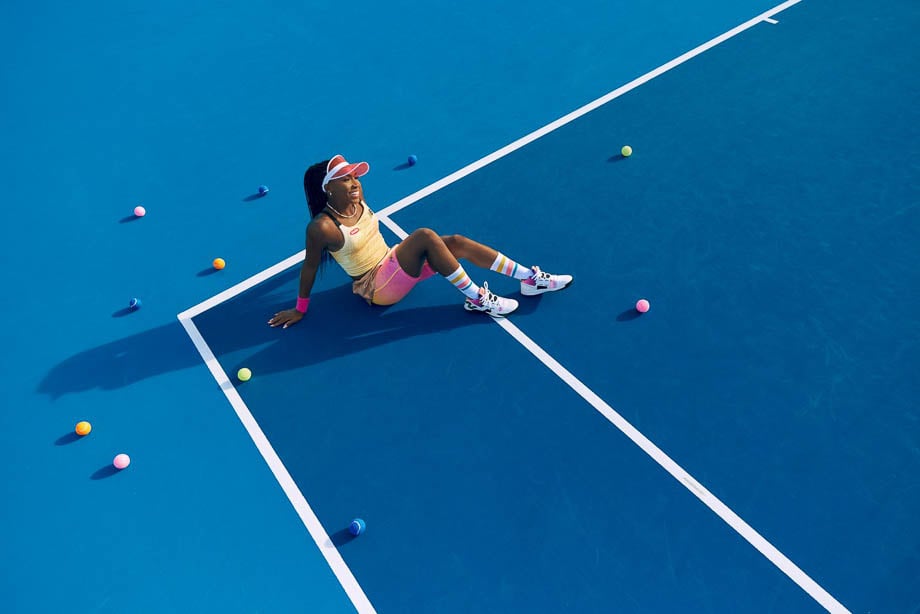 Photo of Coco Gauff on a blue-turf tennis court taken by Miami-based sports photographer Mary Beth Koeth. 