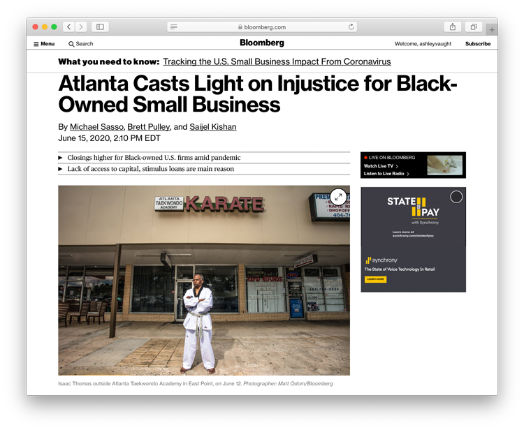 Screen shot from Bloomberg's website showing Matt Odom's photo of Isaac Thomas outside his TKD studio