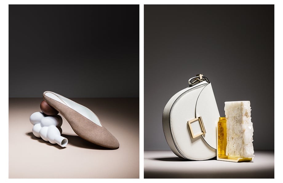 Studio photos of a woman's shoe and purse taken by New York-based product photographer Mo Daoud. 