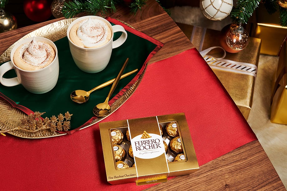 Hot chocolate and Ferrero Roche Christmas display shot by Morgan Ione.