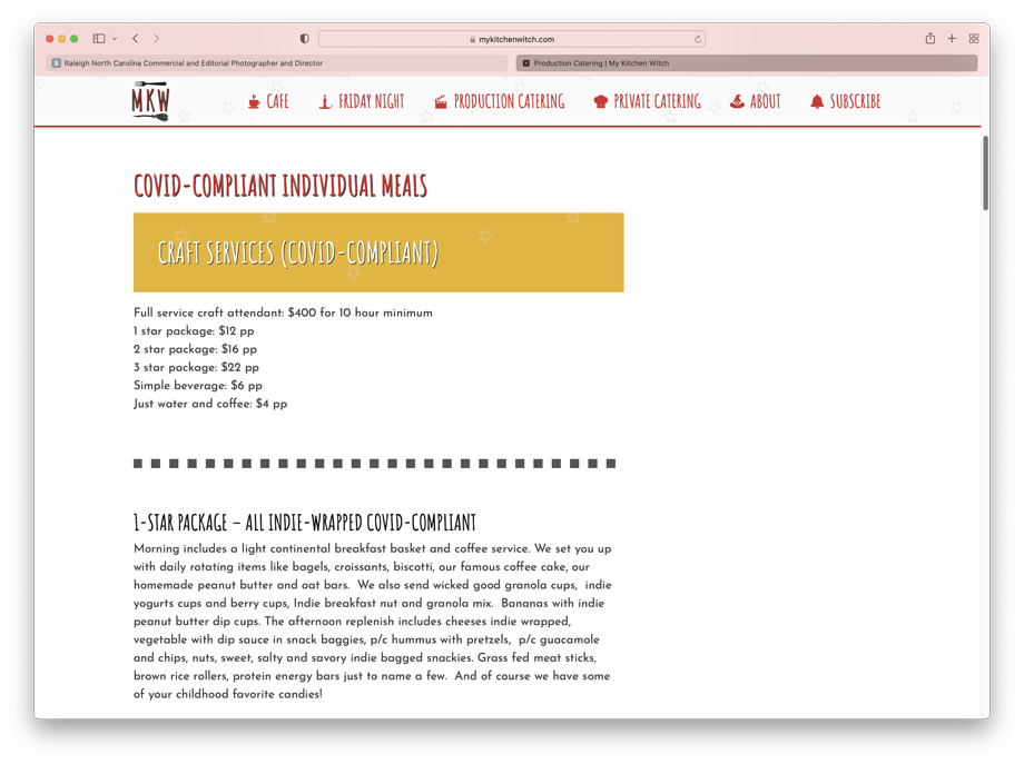 Screenshot of My Kitchen Witch's COVID-Compliant Craft Services Packages on their website. 
