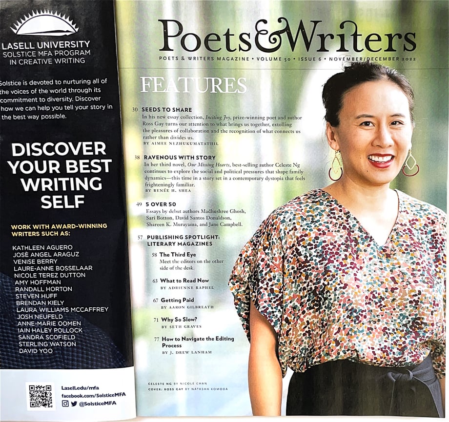 Contents page of Poets & Writers November/December 2022 issue. 